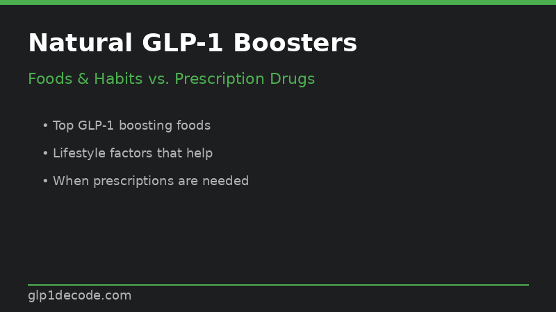 Impulsionadores naturais de GLP-1 vs medicamento prescrito — vegetais folhosos e caneta Ozempic lado a lado