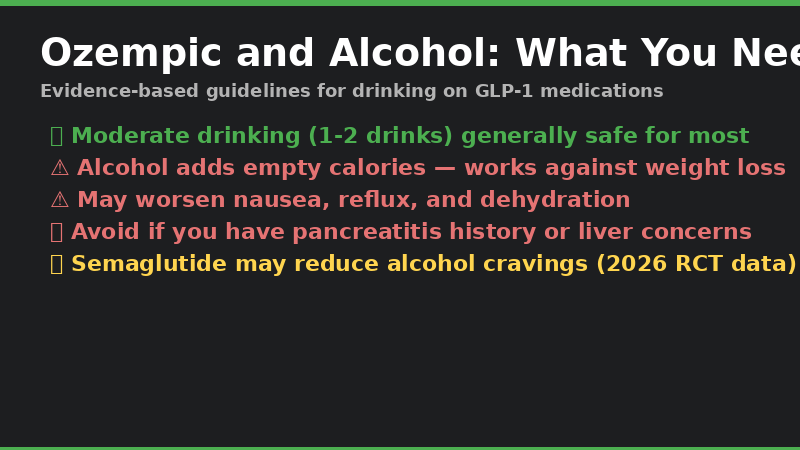 Ozempic and alcohol safety guide - glass of wine next to Ozempic pen with question mark